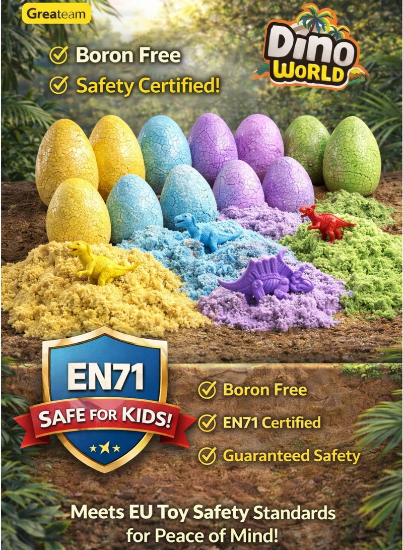 Greateam Dino World Great Sand Eggs Set of 12 PCS 118-120G Flowing Kinetic Sand with 1 Surprise Dinosaur Figure Inside Each Egg 4 Colors (Blue Purple Green Yellow) Boron Free EN71 Certified Safe Sensory Stretchy Sand Toy for Kids Boys & Girls Ages 3+ Educational Learning Gift Party Favors Collectible Dino Figures - Image 4